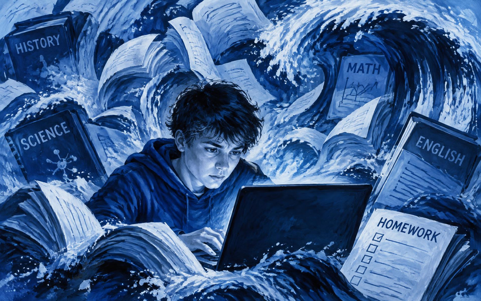 Painted illustration of a student working through a wave of homework